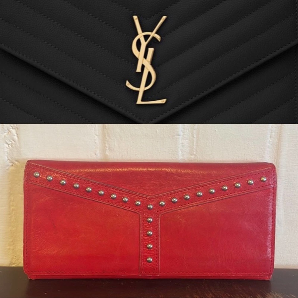 YSL red leather long wallet with silver studs